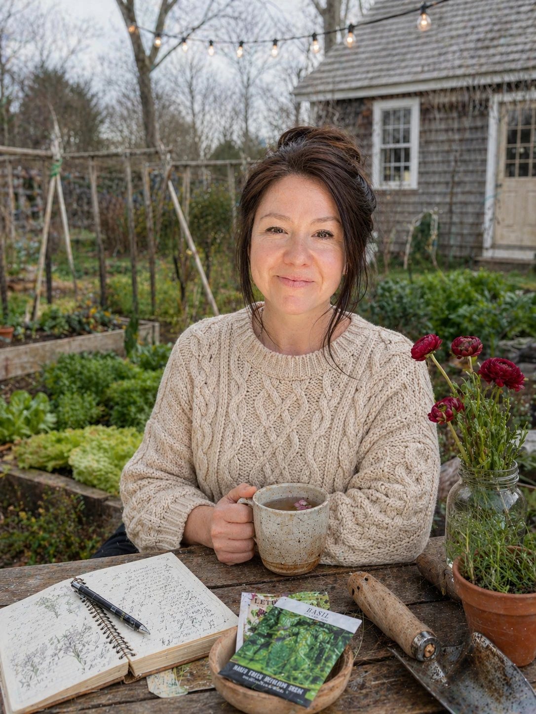 Dr. Stephanie Thrower at a garden table with tea and her notebook